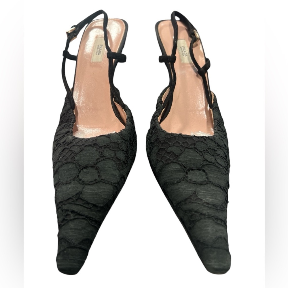 Prada Black Flower Lace Slingback Pumps Lux0** - Picture 3 of 12